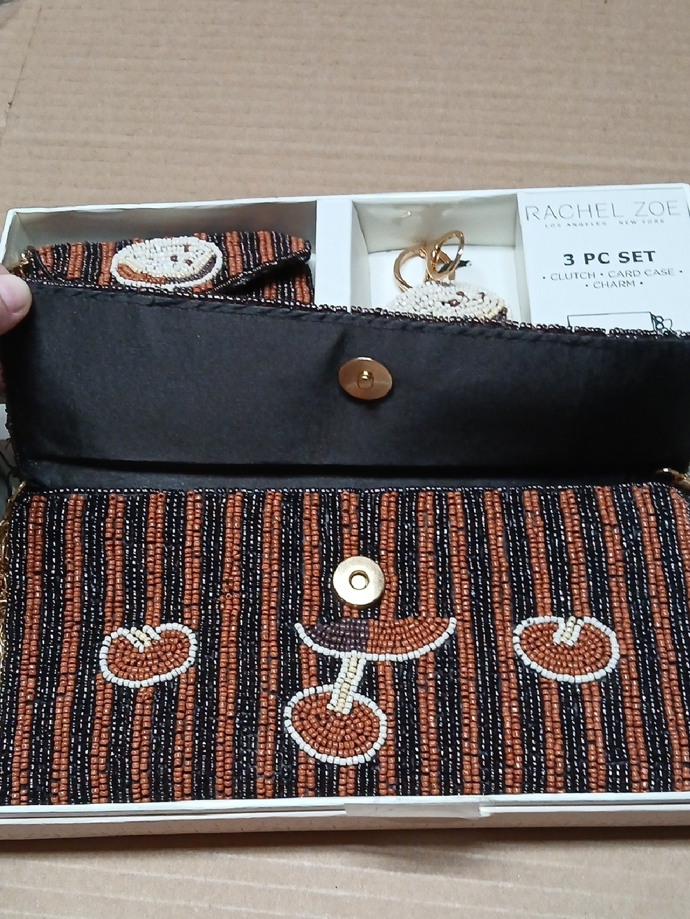 Rachel Zoe Beaded Espresso Martini Design 3 Piece Set - Clutch Card Case Charm - Picture 7 of 11